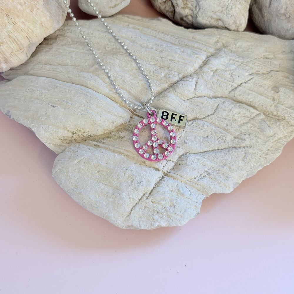 Sweet VTG 1980s White Rhinestone & Pink Peace Charm & BFF Tag Pendant Necklace